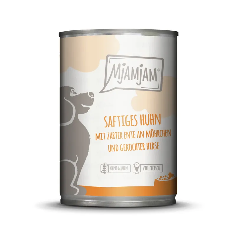 MJAMJAM Leckere Mahlzeit saftiges Huhn mit zarter Ente an Möhrchen & gekochter Hirse 400 g Mega-Angebot